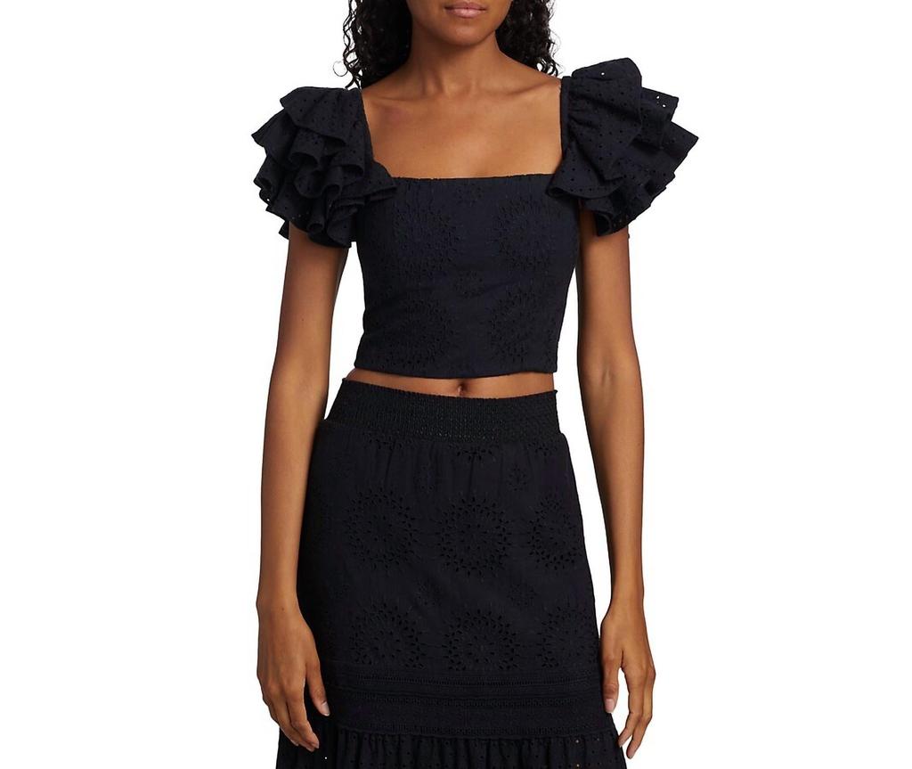 alice + olivia Tawny Square Neck Ruffle Crop Top in Black