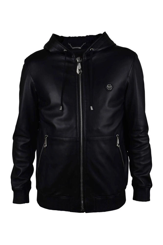 Philipp Plein Smooth Black Leather Hooded Jacket