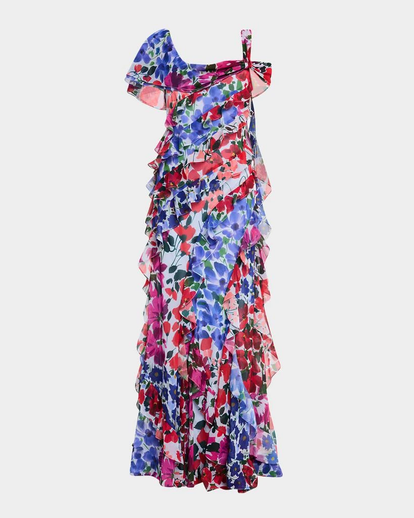 Carolina Herrera One-Shoulder Multi-Floral Ruffle Gown 1