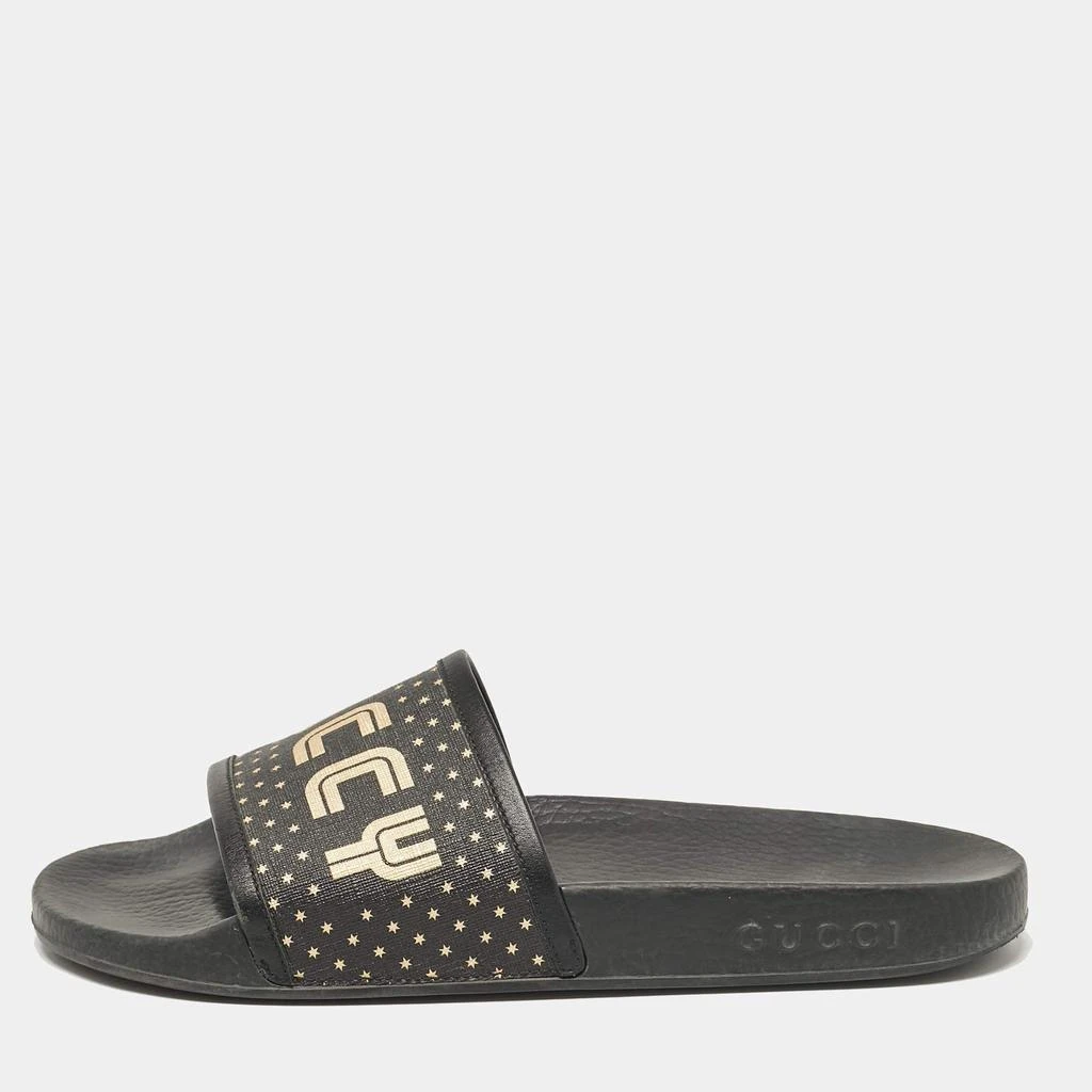 Gucci Gucci Black/Gold Coated Canvas and Leather Star Guccy Slides Size 38 1