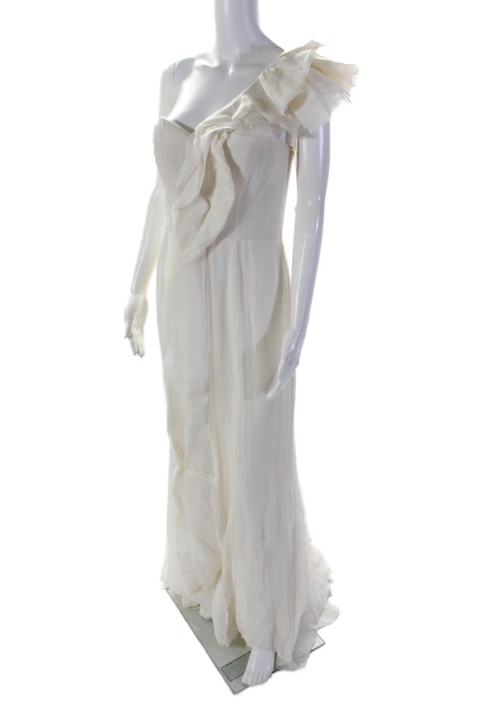J. Mendel Womens Cream Ruffle One Shoulder Sleeveless Gown Dress