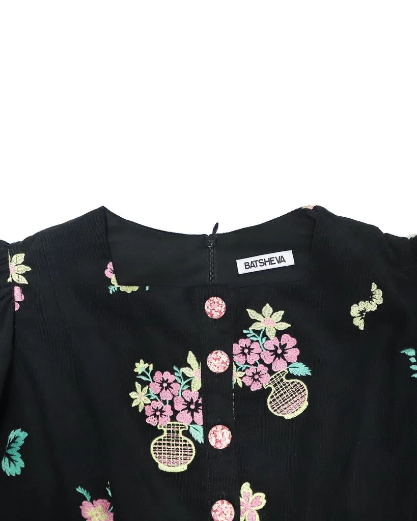 BATSHEVA Puff Sleeve Midi Dress in Black Floral Print Cotton 6