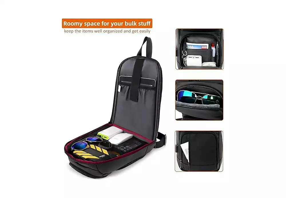 Wosofe 14 inch Sling Bag for Men,Black Crossbody Bag with USB Charging Port Fits 10.2inch iPad, Casual 2