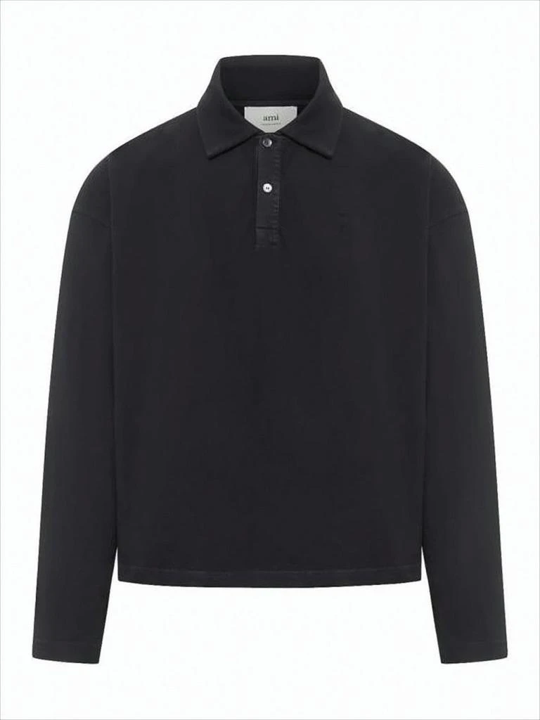 AMI Cropped Long-Sleeved Polo Shirt With Classic Collar And Tonal Embroidery