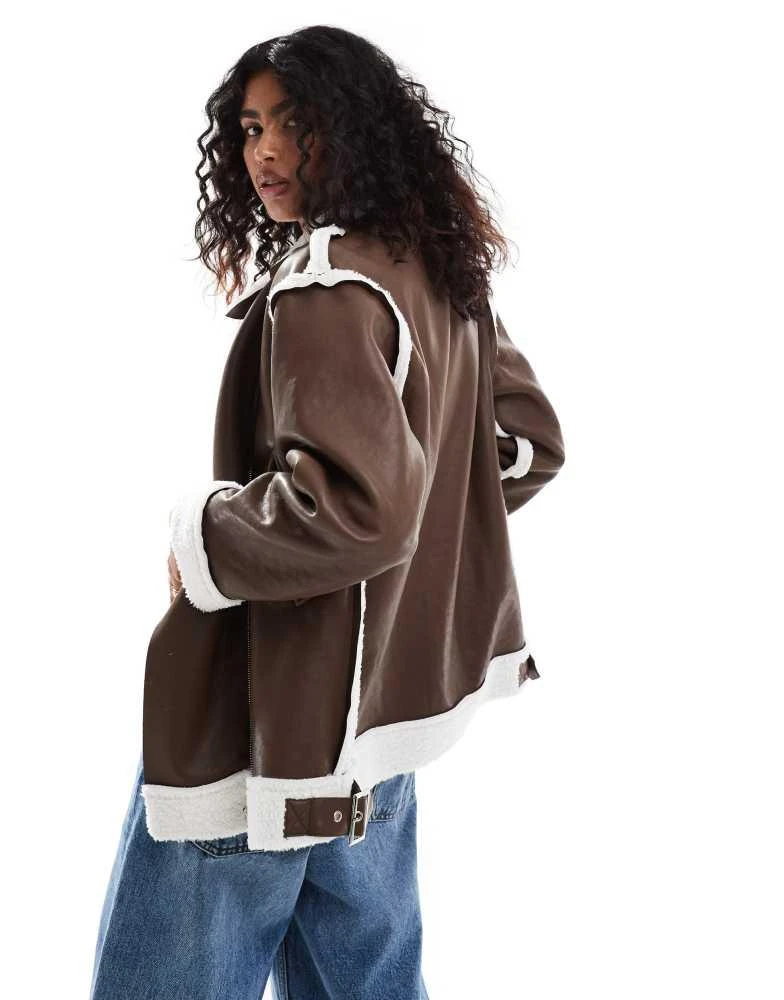 SNDYS SNDYS leather look borg contrast aviator jacket in brown 4