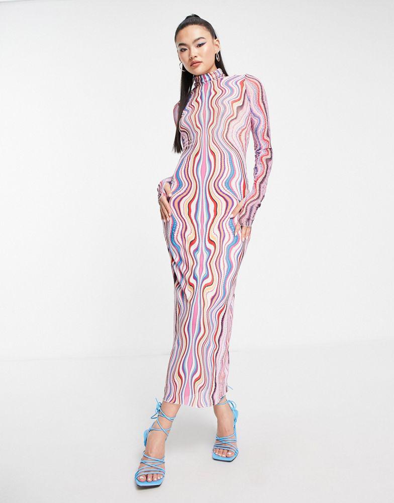 AFRM AFRM shailene turtleneck long sleeve mesh midi dress in swirl print