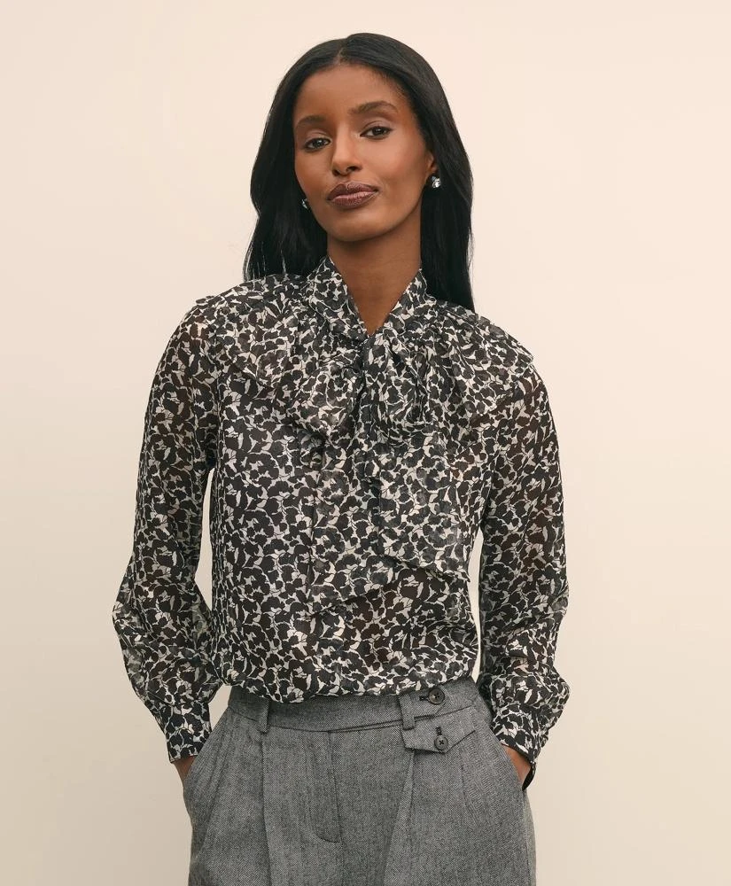 Brooks Brothers Leaf-Print Jacquard Bow-Neck Blouse