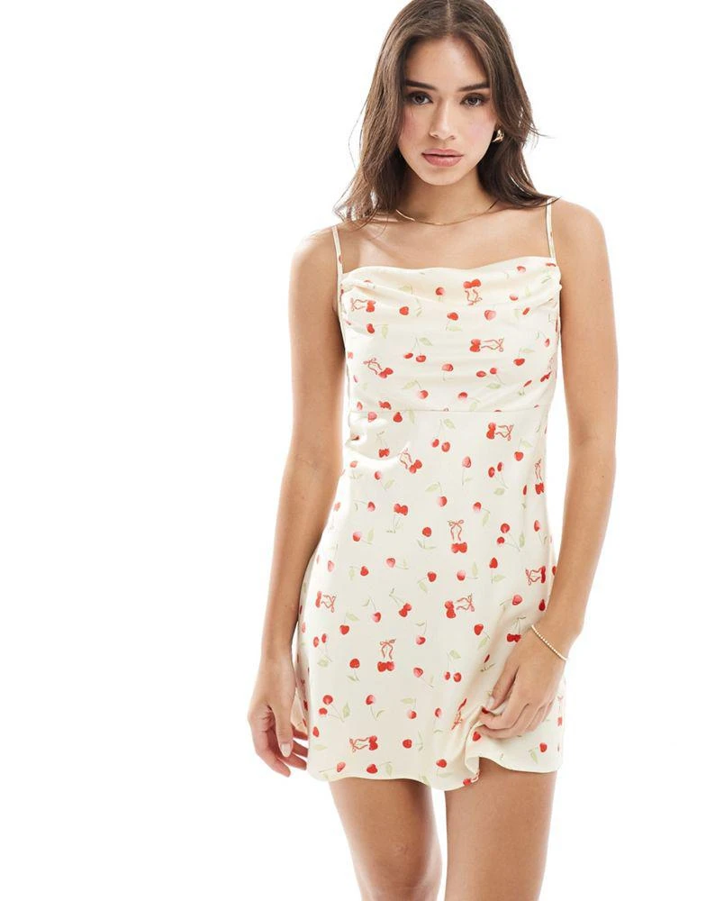 Miss Selfridge Miss Selfridge satin cowl neck mini dress in cherry print 2
