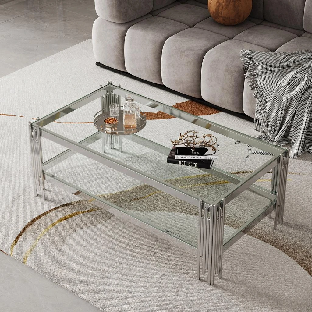 Streamdale Furniture Streamdale Double Layer Tempered Glass Coffee Table with Mirror Stainless Steel Frame