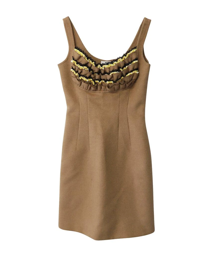 Prada Beaded Ruffle Sleeveless Dress in Nude Brown Wool 4