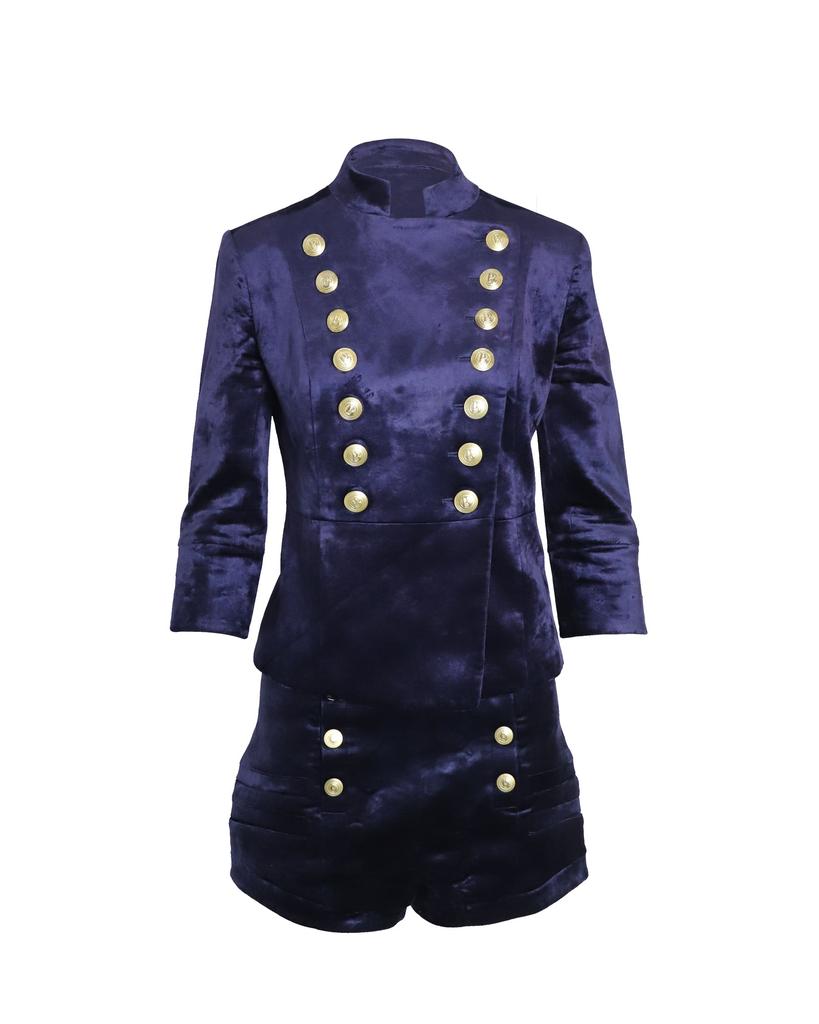 PIERRE BALMAIN Military Blazer and Shorts Set in Blue Velvet