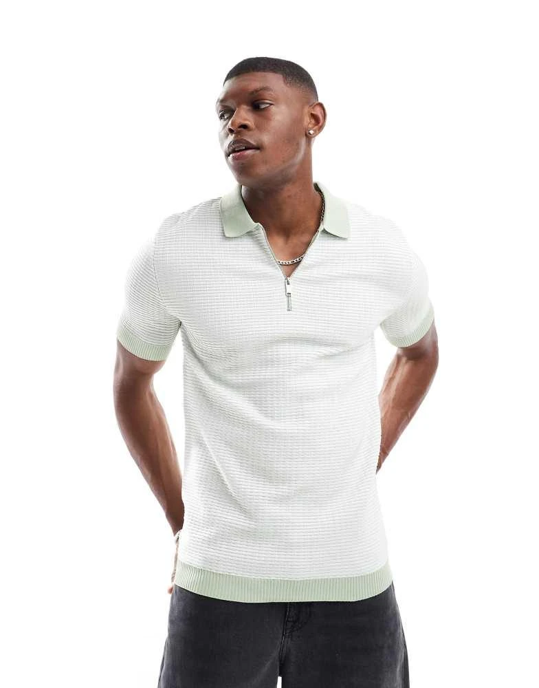 River Island River Island muscle fit zip polo in white and green 1