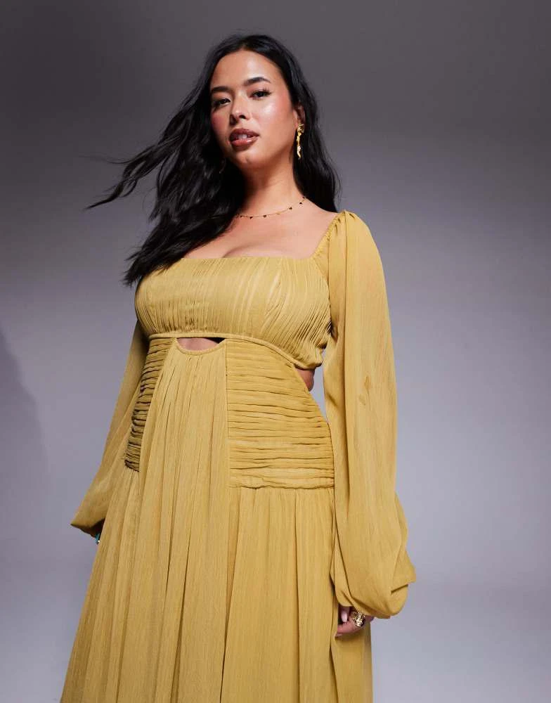 ASOS ASOS DESIGN Curve long sleeve cut out maxi dress with ruched skirt in olive green 2