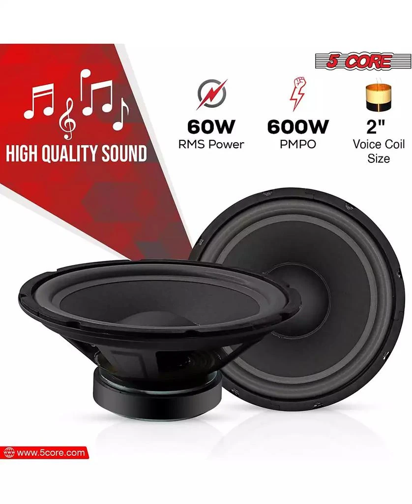5 Core 10 Inch Subwoofer Speaker 600W Peak 4 Ohm Replacement Car Audio Bass Sub Woofer with 30 Oz Magnet WF 10120 8OHM 2Pcs 3