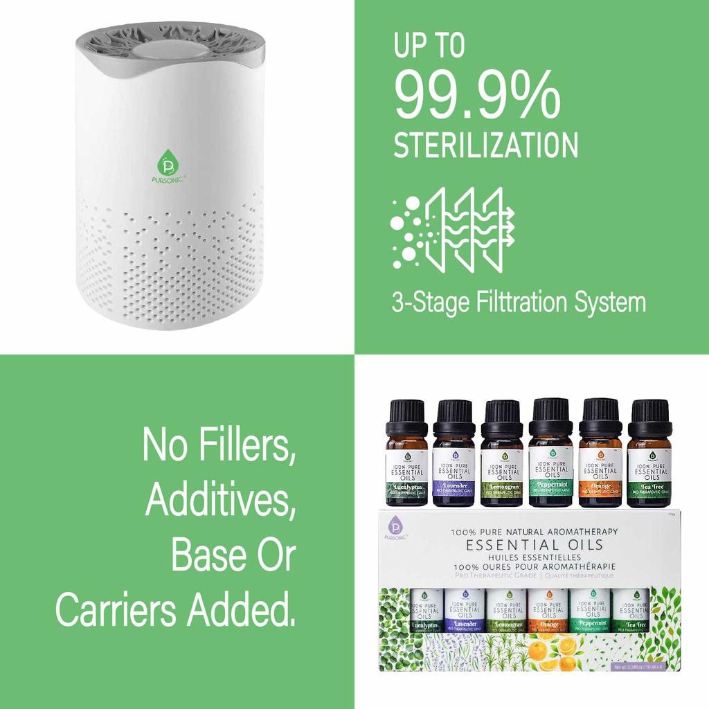 PURSONIC Pursonic Air Purifier with 6-Pack Premium Essential Oils Collection