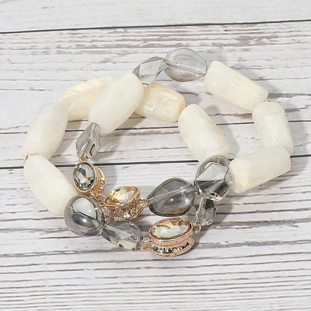 FASHNZFAB 2PCS - Chunky Marbled Resin Pebble Faceted Stone Beaded Stretch Multi Layered Bracelets 7