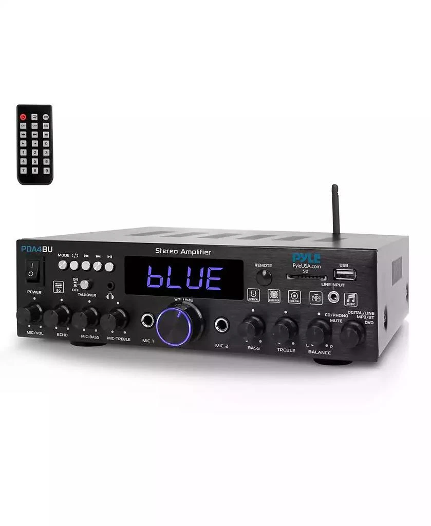 Pyle Bluetooth Stereo Amplifier Receiver - Optical, Phono, Coaxial, FM Radio, USB 
SD Memory Card Readers, Line (3.5mm) Input, Digital LED Display, Microphone Inputs (200W)