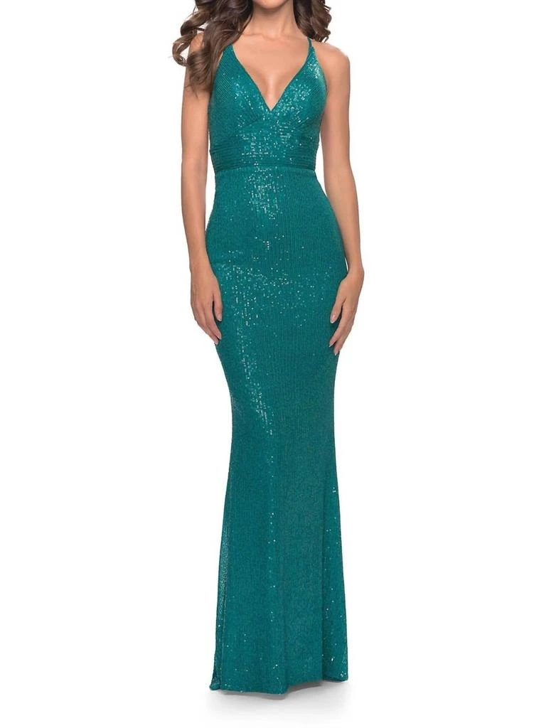 La Femme Dazzling Plunging V-Neck Sequined Gown In Peacock 1