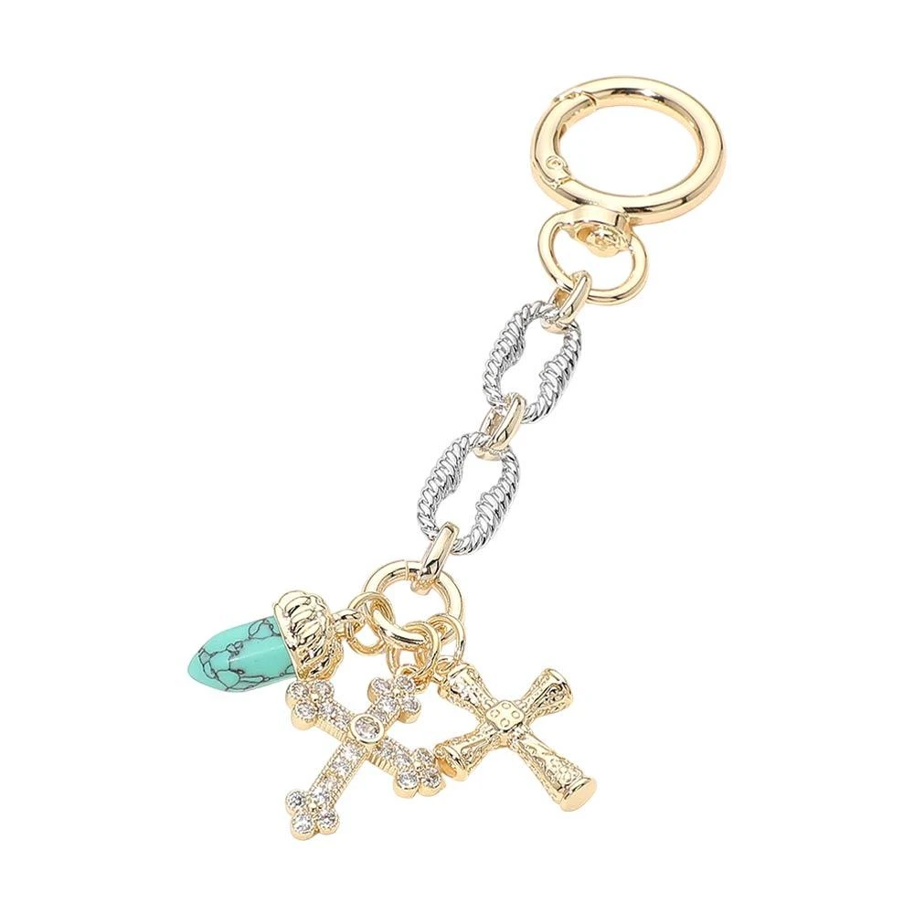 FASHNZFAB 14K Gold Plated Two Tone CZ Stone Paved Double Cross Stone Charm Drop Bag Charm Keychain 2