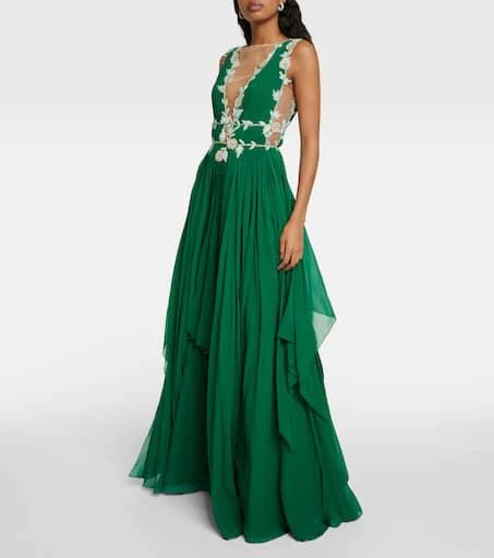 Costarellos Embroidered V-neck draped silk gown 2