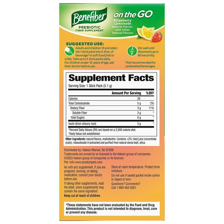 Benefiber On The Go Prebiotic Fiber Supplement Strawberry Lemonade 8