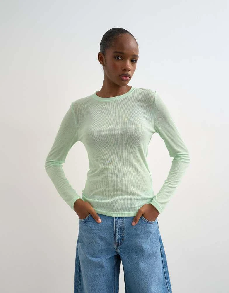 Topshop Topshop premium sheer rib scoop neck long sleeve top in mint green