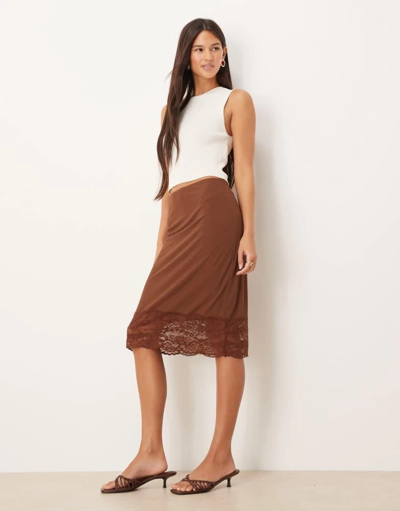 ASOS ASOS DESIGN awkward length gauzy sheer rib skirt with lace trim in brown
