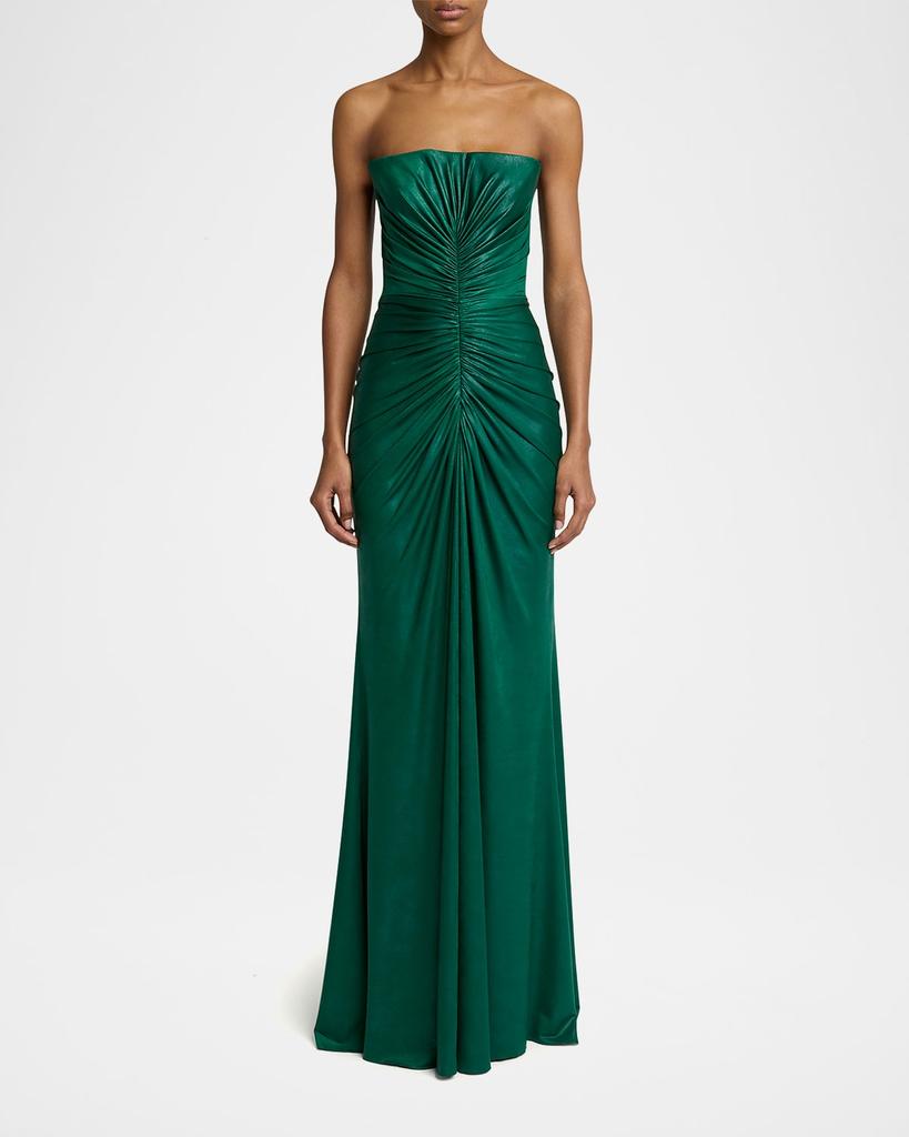 Elie Saab Strapless Ruched Coated Jersey Gown