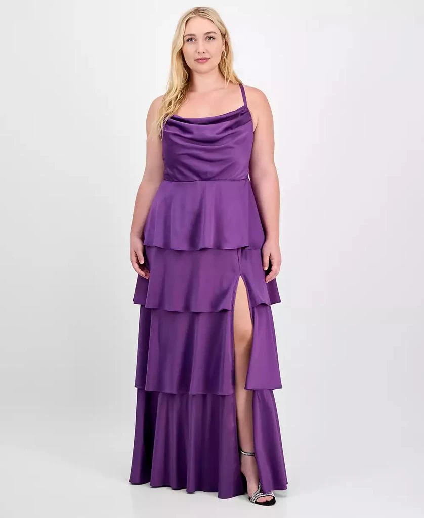 plus size tiered dress formal Sydneys Closet SC7386 Long Prom Dress Plus Size Strapless A-Line Floral Slit Puff Sleeves Train Pockets Formal Gown 14 / Green Floral main image 0