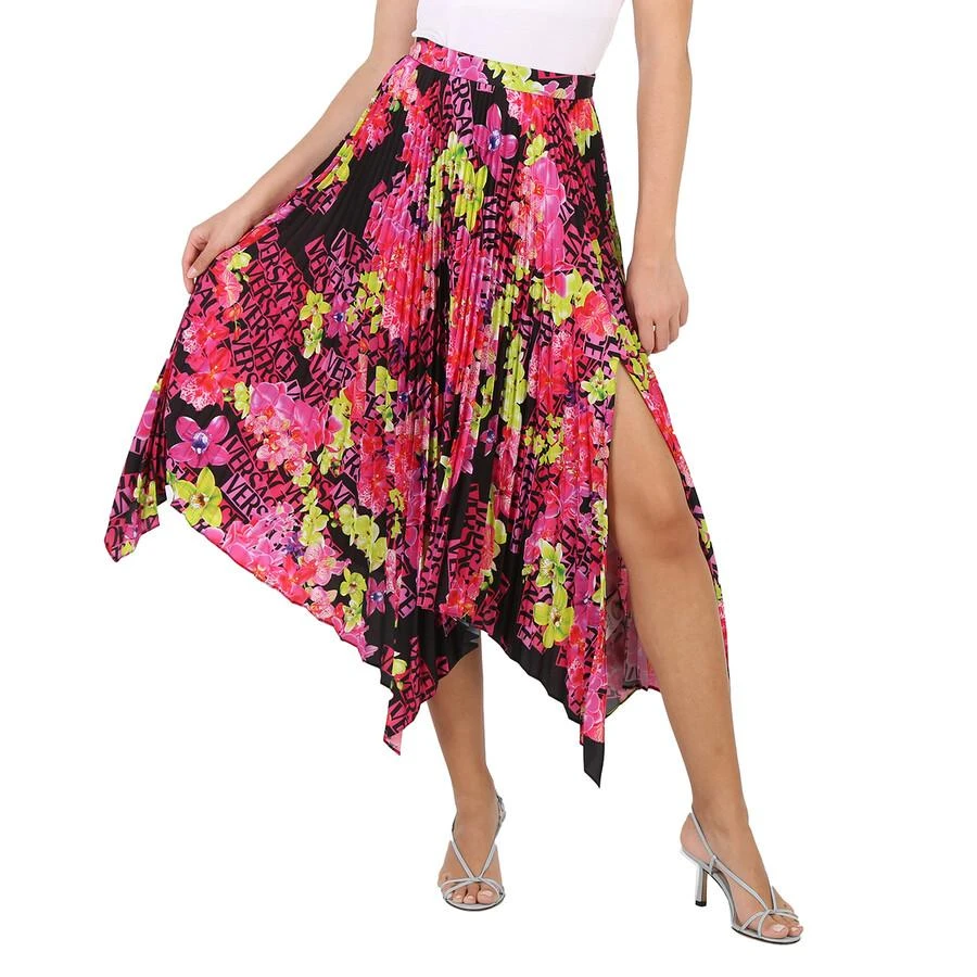 Versace Orchid Print Pleated Crepe De Chine Midi Skirt 2