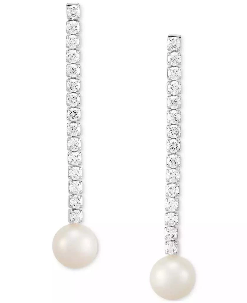 Arabella Cultured Freshwater Pearl (10mm) & Cubic Zirconia Linear Drop Earrings in Sterling Silver 3