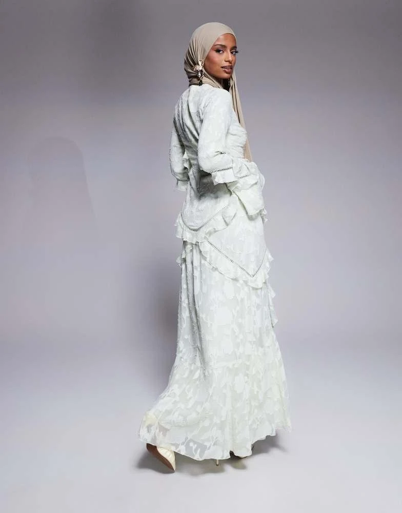 ASOS Design jacquard ruffle long sleeve maxi dress in sage green
