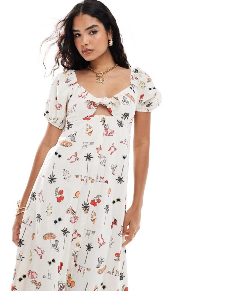 Miss Selfridge Miss Selfridge linen blend tie front button through maxi dress in postcard print 2