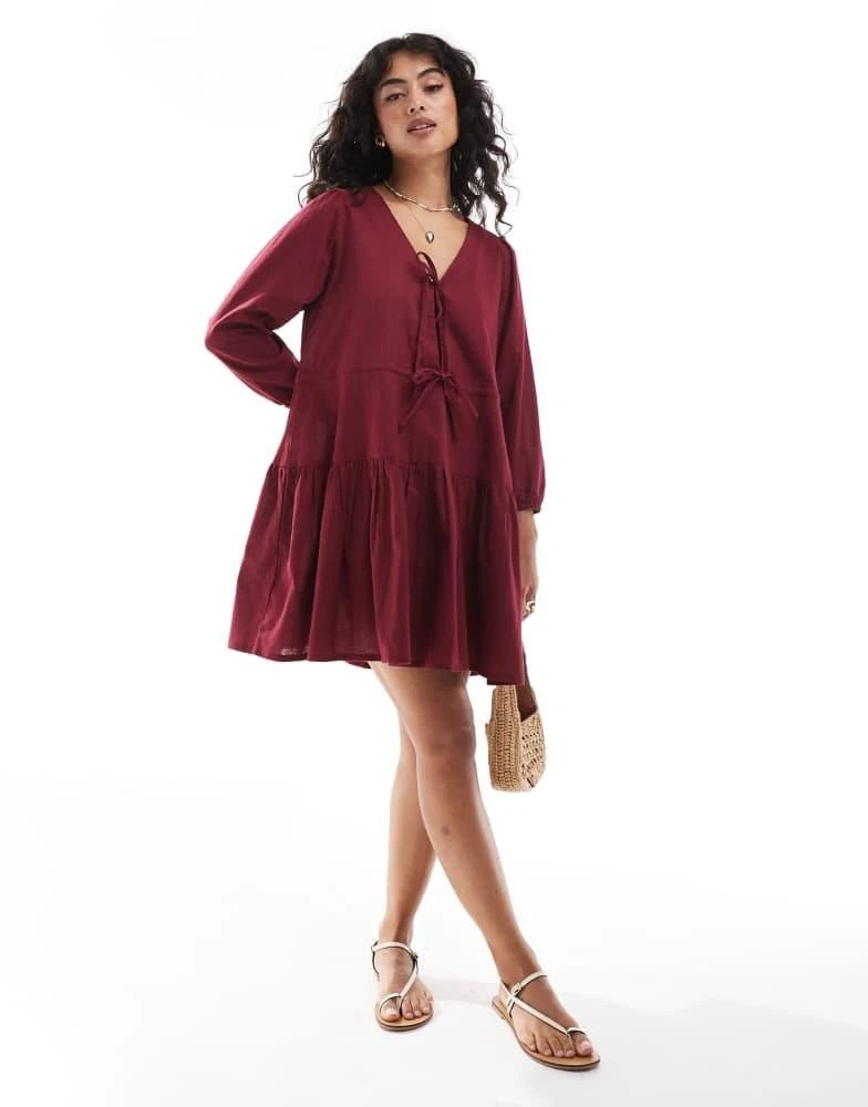 Esmee Exclusive linen mix long sleeve tiered mini tie front beach dress in cherry  red  On Sale Now with Up to 20% Off | Discover Exclusive Deals & Savings  at BeyondStyle