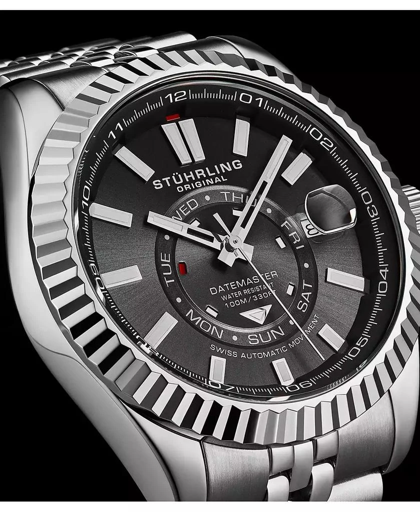 Stuhrling Datemaster II Men s Swiss Automatic 42mm Stainless Steel Watch, Black Dial, Fluted Bezel, Day & Date, 100M Water Resistant 5