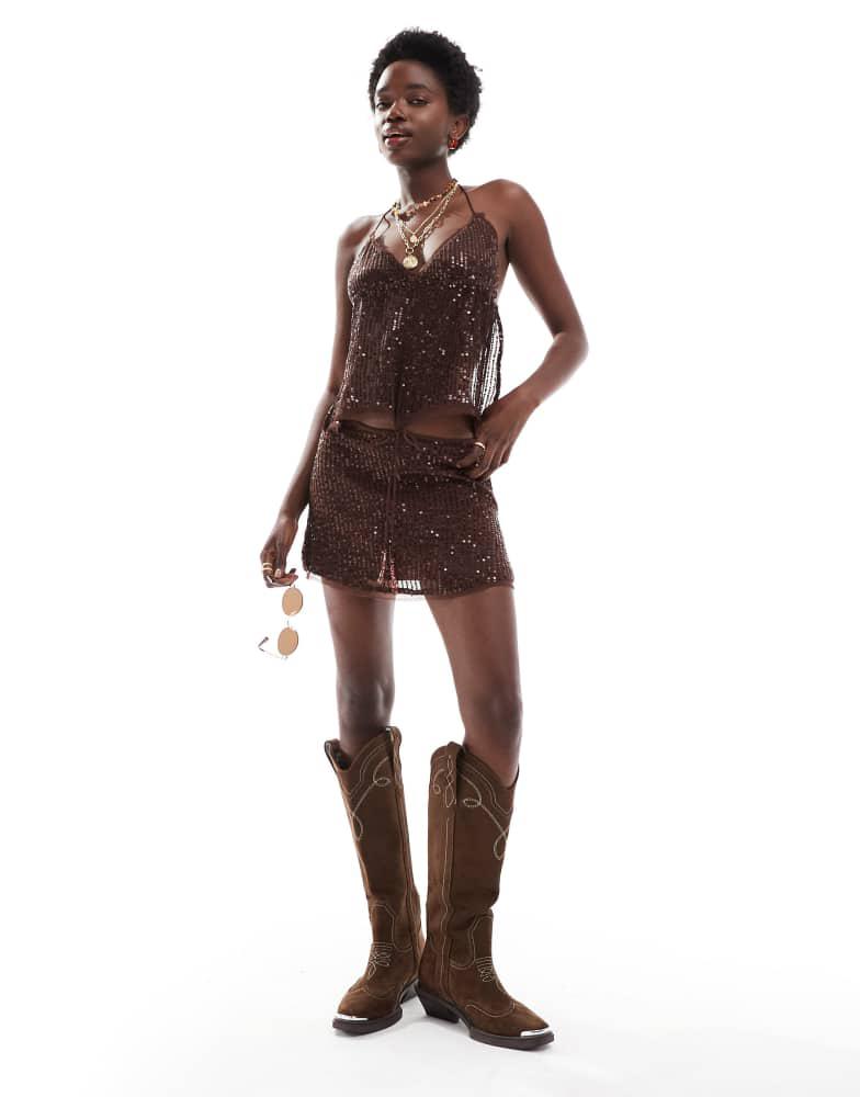 Pull&Bear Pull&Bear sequin halterneck strappy back top co-ord in brown