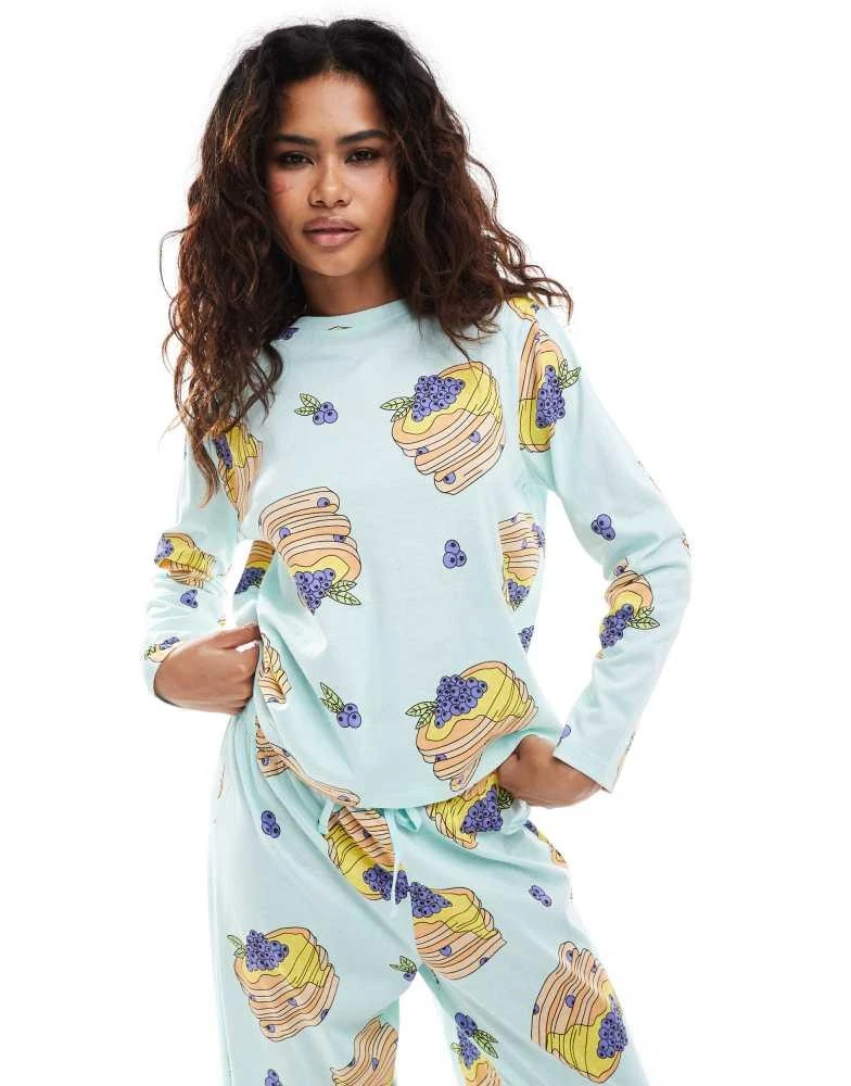 ASOS ASOS DESIGN pancakes long sleeve top & trouser pyjama set in blue 3