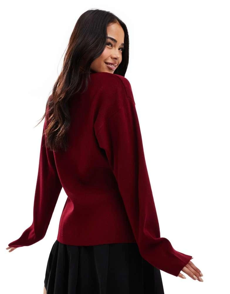 ASOS ASOS DESIGN knitted structured crew neck cardigan in burgundy 4