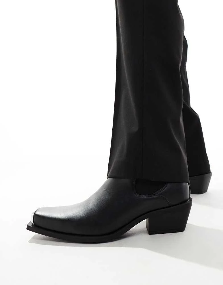 ASOS ASOS DESIGN cuban heel western chelsea boots in black faux leather with silver toe cap 5
