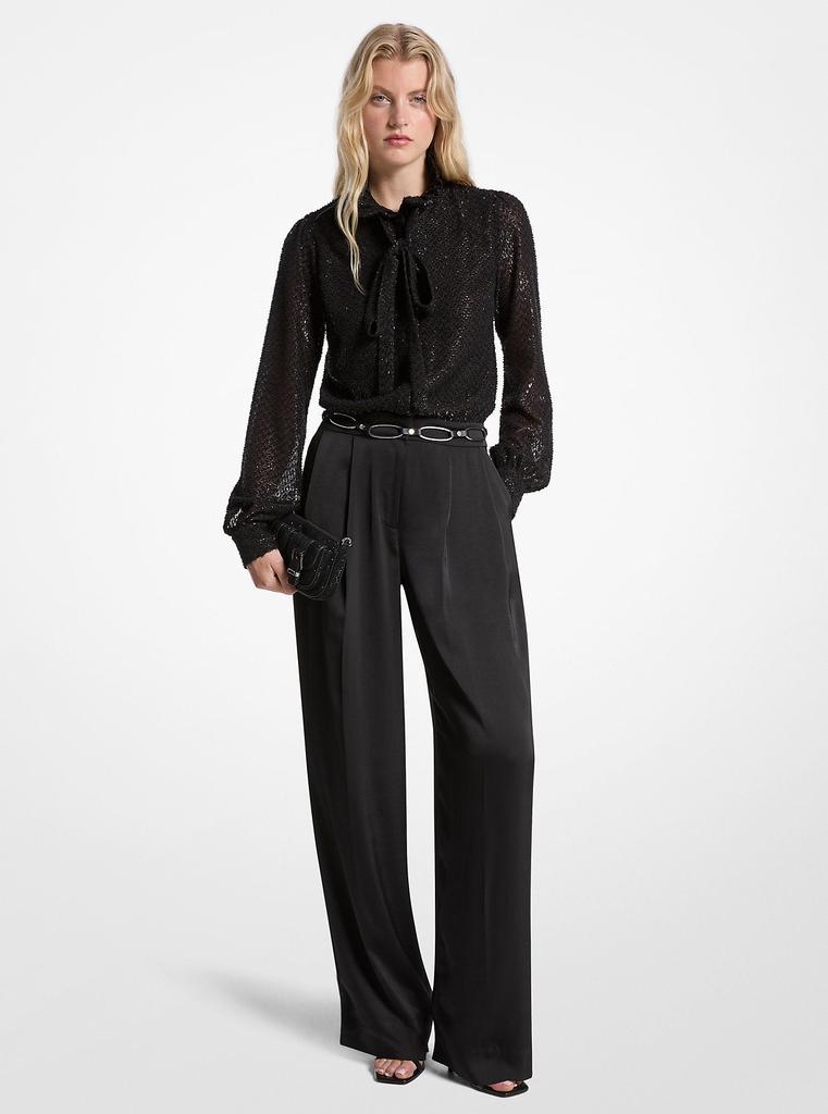 Michael Kors Metallic Clip Jacquard and Satin Tie-Neck Jumpsuit