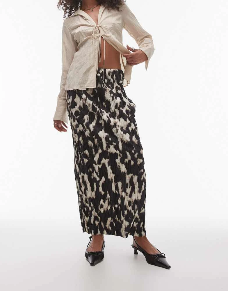 Topshop Topshop abstract leopard print plisse midi skirt in brown 2