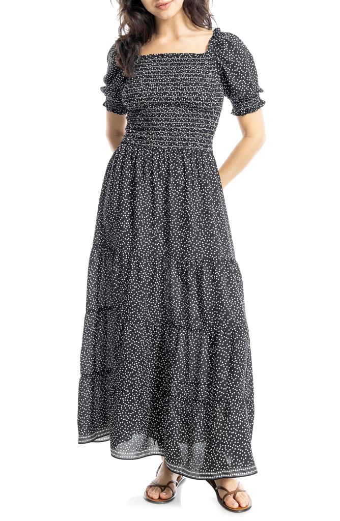 Max Studio Short Sleeve Smocked Tiered Maxi Dress