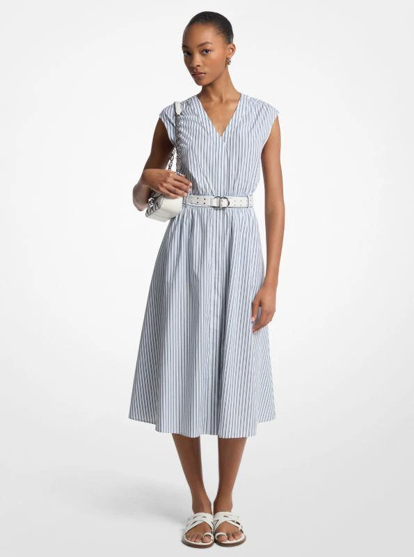 Michael Kors Striped Cotton Poplin Belted Midi Dress 1