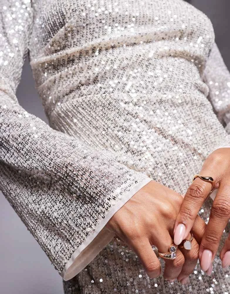 Jaded Rose Jaded Rose long sleeve sequin maxi dress in silver 3