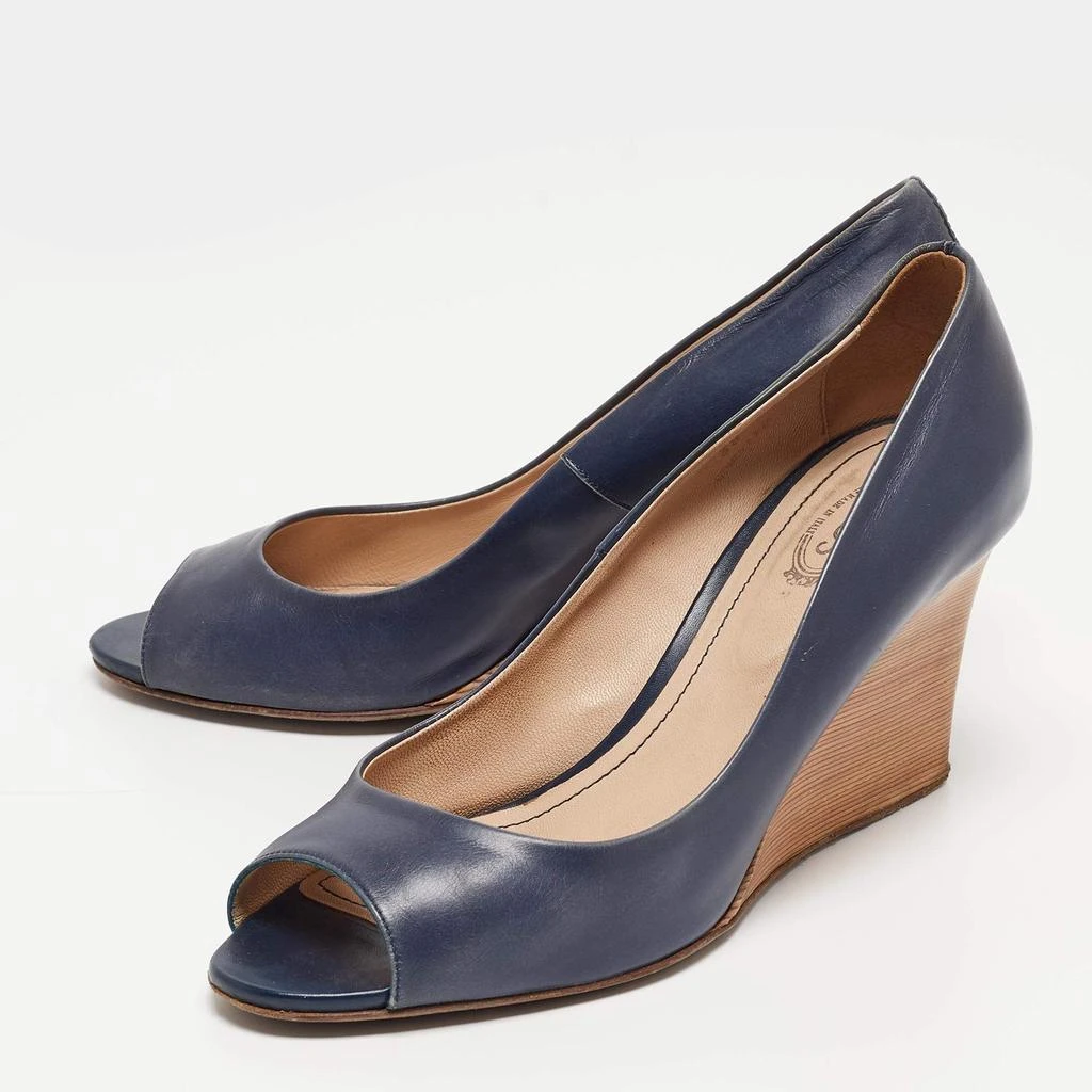 Tod's Tod's Navy Blue Leather Peep Toe Wedge Pumps Size 38 2