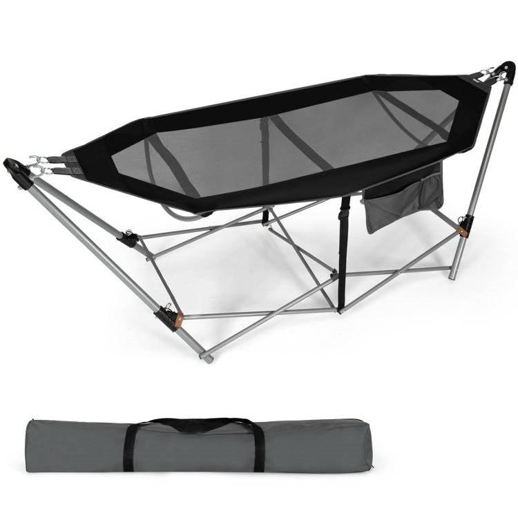 QuikFurn Black Portable Camping Foldable Hammock with Stand and Carry Case