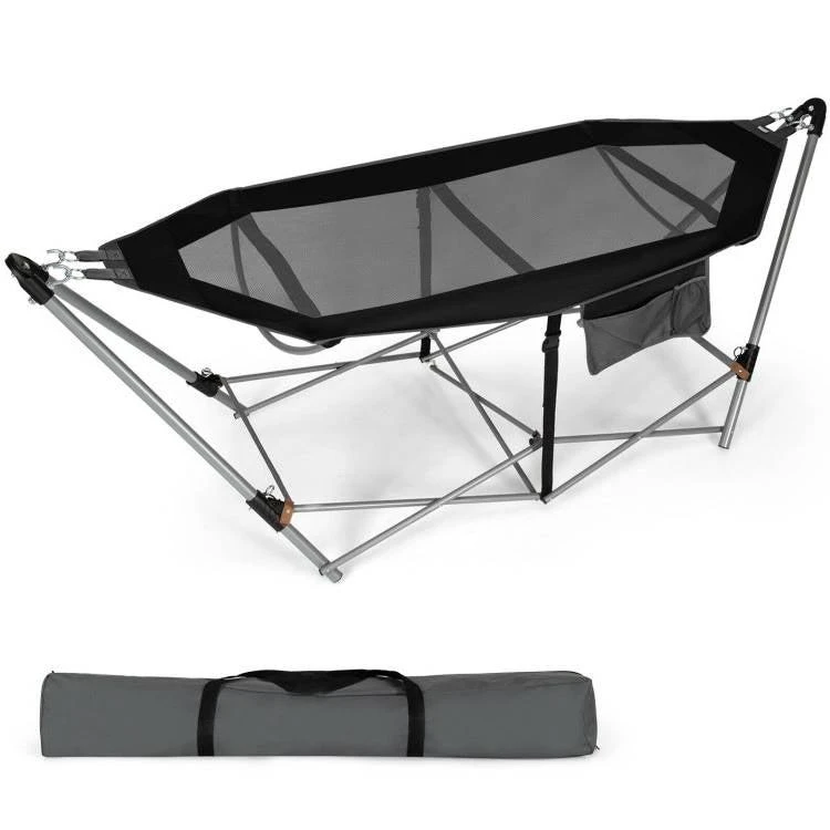 QuikFurn Black Portable Camping Foldable Hammock with Stand and Carry Case 1