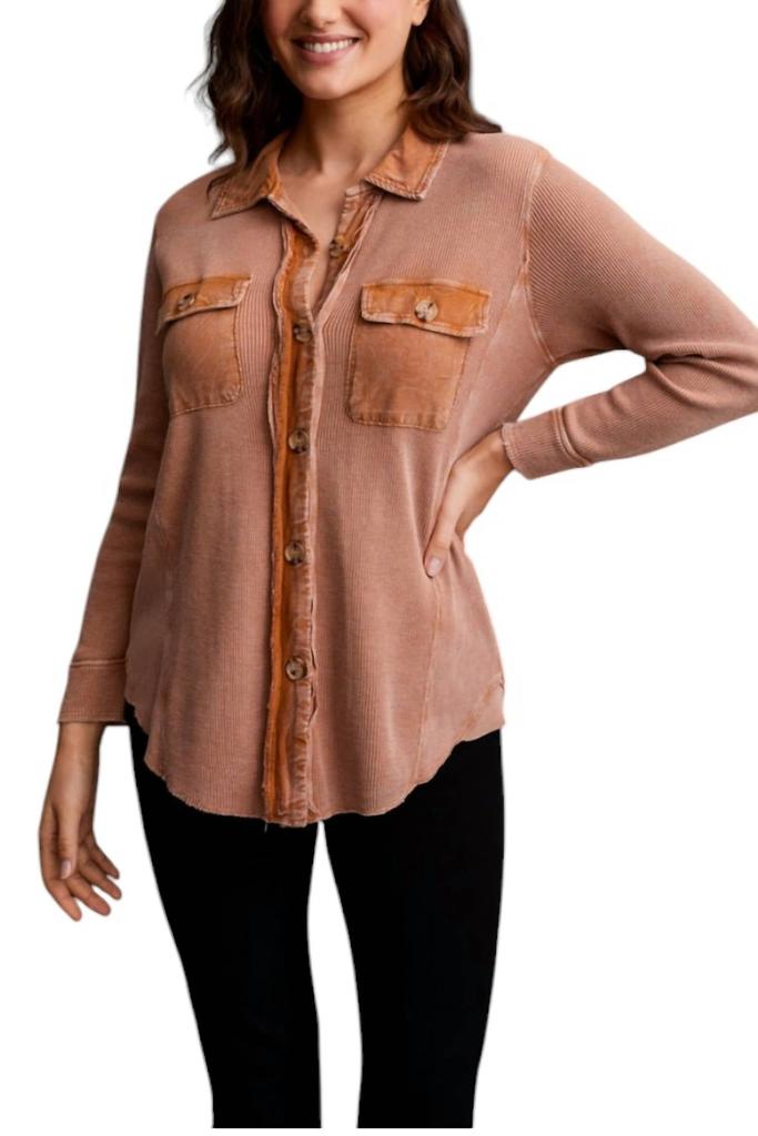 Tribal Waffle Button Down Shacket In Almond