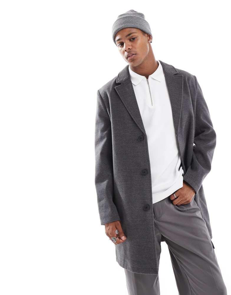 Brave Soul Brave Soul single breasted overcoat in charcoal grey