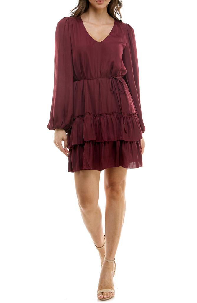 Socialite Tiered Long Sleeve Satin Dress